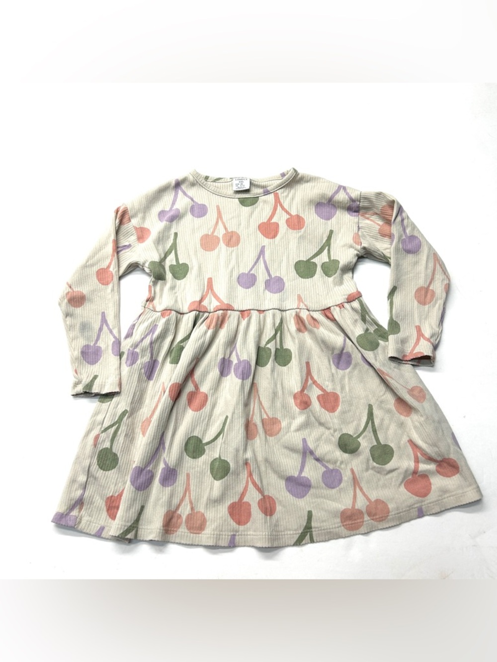 Lindex Girls Cream Cherry Fruit Print Ribbed Long-Sleeve Dress